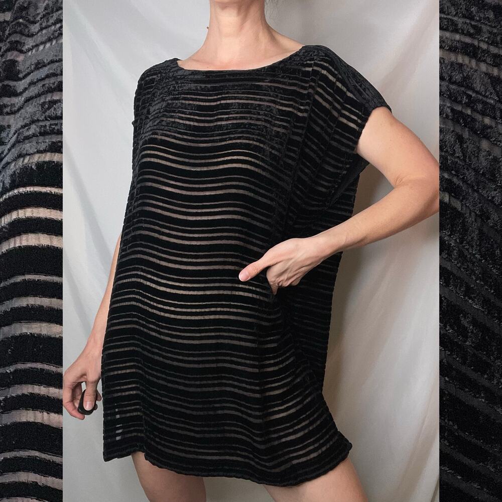 Eileen Fisher velvet burnout tunic blouse mini dress black oversized silk blend